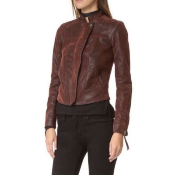 Free People Vegan Suede Zip Moto Jacket in Burgundy - Picture 3 of 8